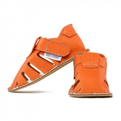 Chaussures cuir orange souples \\"P'tit scratch été\\" Uni Barefoot bebe enfant volcanic