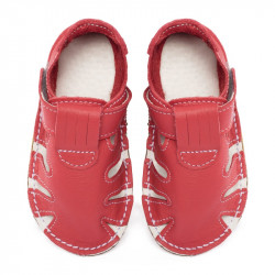 Chaussures cuir rouge/rosé souples \\"P'tit scratch été\\" Uni Barefoot bebe enfant Rosso fueco