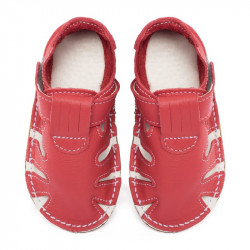 Chaussures cuir rouge/rosé souples \\"P'tit scratch été\\" Uni Barefoot bebe enfant Rosso fueco