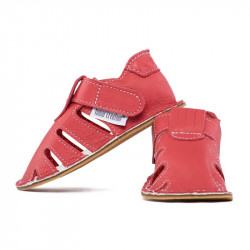 Chaussures cuir rouge/rosé souples \\"P'tit scratch été\\" Uni Barefoot bebe enfant Rosso fueco