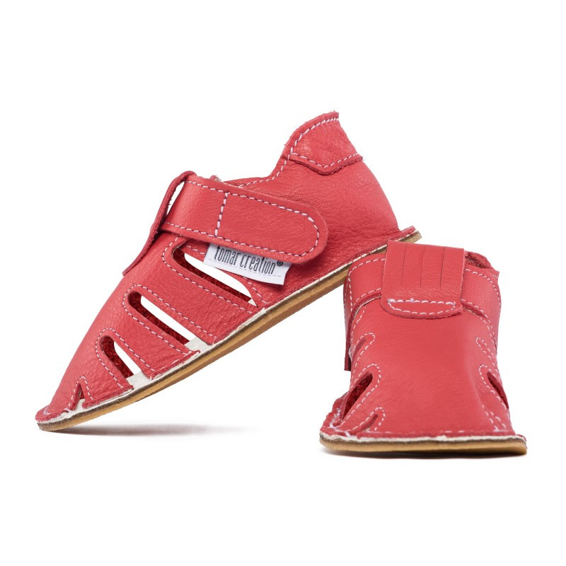 Chaussures cuir rouge/rosé souples \\"P'tit scratch été\\" Uni Barefoot bebe enfant Rosso fueco