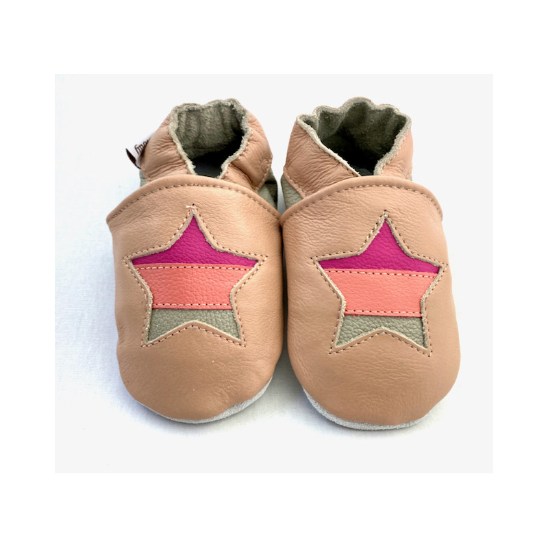 Chaussons cuir souple étoile rose bébé, enfant, adulte.