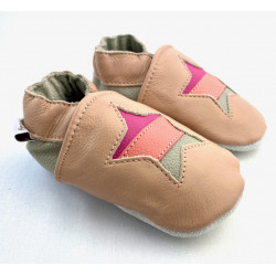 Chaussons cuir souple étoile rose bébé, enfant, adulte.