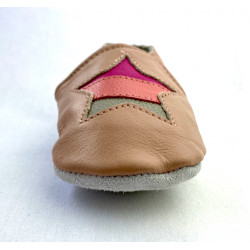 Chaussons cuir souple étoile rose bébé, enfant, adulte.