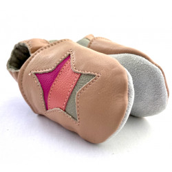 Chaussons cuir souple étoile rose bébé, enfant, adulte.