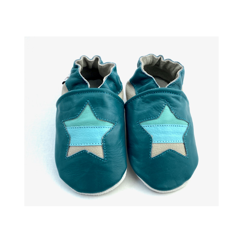 Chaussons cuir souple étoile bleu bébé, enfant, adulte.