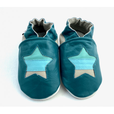 chaussons bebe garcon en cuir imprime et col elastique bleu bebe