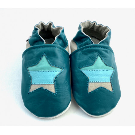 Chaussons cuir souple étoile bleu bébé, enfant, adulte.