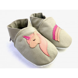 Chaussons cuir souple licorne et arc-en-ciel