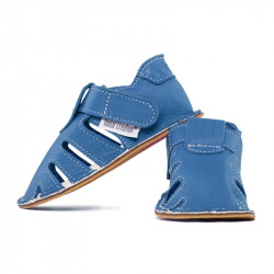 Chaussures cuir souples bleu jeans \\"P'tit scratch été\\" Uni Barefoot bebe enfant