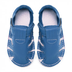 Chaussures cuir souples bleu jeans \\"P'tit scratch été\\" Uni Barefoot bebe enfant