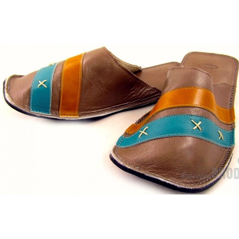 Chaussons cuir adulte Bande bleue et jaune Chaussons cuir adulte Bande bleue et jaune