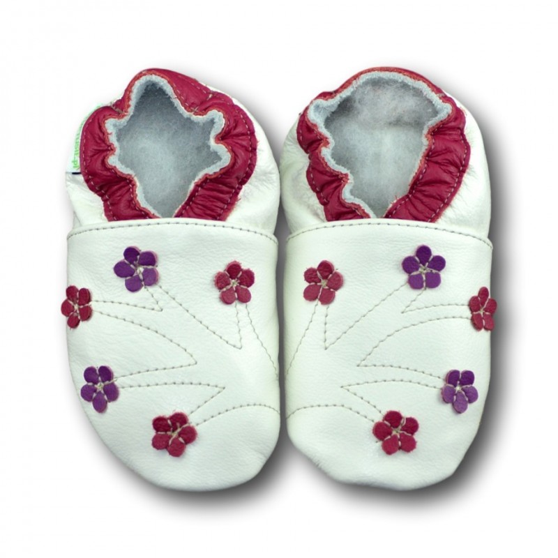 Chaussons cuir souple Fleurs roses et violettes