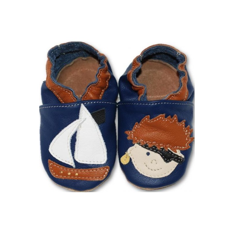 Chaussons cuir souple Pirate fond bleu