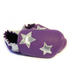 Chaussons cuir souple adulte Etoiles argentées sur fond violet