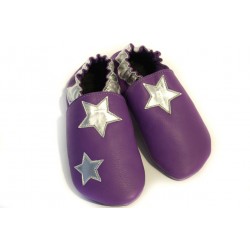 Chaussons cuir FOURRES adulte Etoiles argentées sur fond Violet