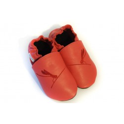 Chaussons cuir doublés adulte Libellule fond rouge