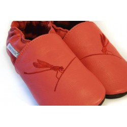 Chaussons cuir doublés adulte Libellule fond rouge