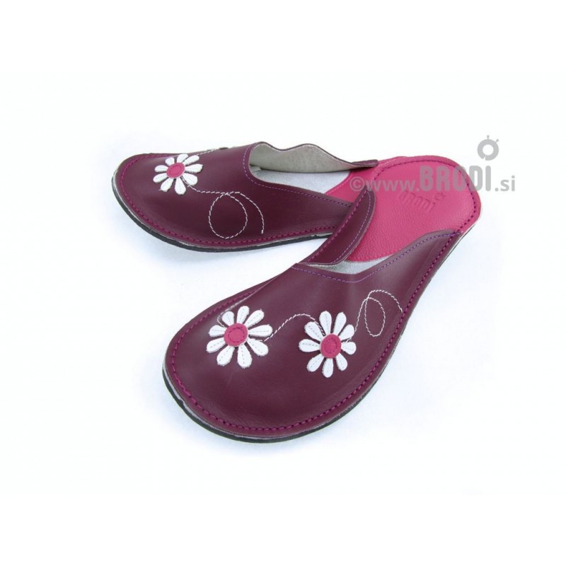 Chaussons cuir adulte fleurs fond violet