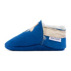 Chaussons cuir MOUTON FOURRES Etoiles beige fond bleu, 100% Mouton, peau lainée