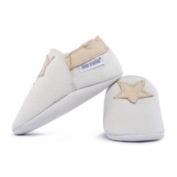 Chaussons cuir FOURRES Etoiles beige fond crème, 100% Mouton, peau lainée