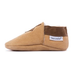 Chaussons cuir FOURRES Etoiles beige fond Marron, 100% Mouton, peau lainée