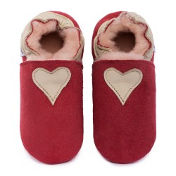 Chaussons cuir MOUTON FOURRES Coeur beige fond rose, 100% Mouton, peau lainée