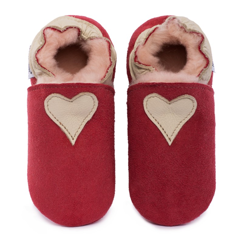 Chaussons cuir MOUTON FOURRES Coeur beige fond rose, 100% Mouton, peau lainée