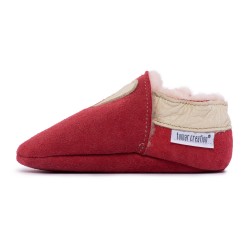 Chaussons cuir MOUTON FOURRES Coeur beige fond rose, 100% Mouton, peau lainée