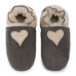 Chaussons cuir FOURRES Coeur beige fond gris, 100% Mouton, peau lainée