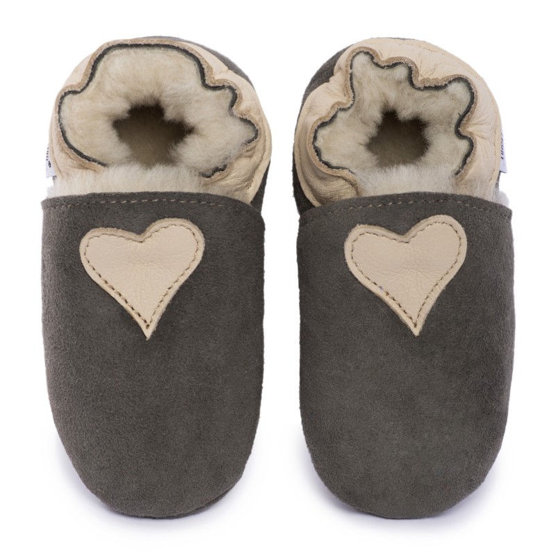 Chaussons cuir FOURRES Coeur beige fond gris, 100% Mouton, peau lainée