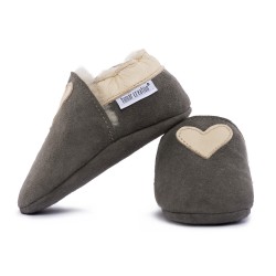 Chaussons cuir FOURRES Coeur beige fond gris, 100% Mouton, peau lainée