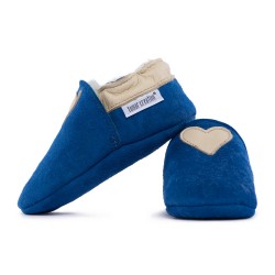 Chaussons cuir FOURRES Coeur beige fond bleu, 100% Mouton, peau lainée