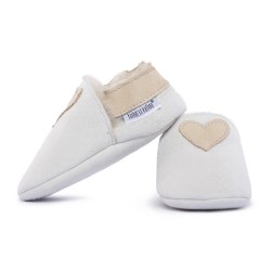 Chaussons cuir FOURRES Coeur fond crème, 100% Mouton, peau lainée