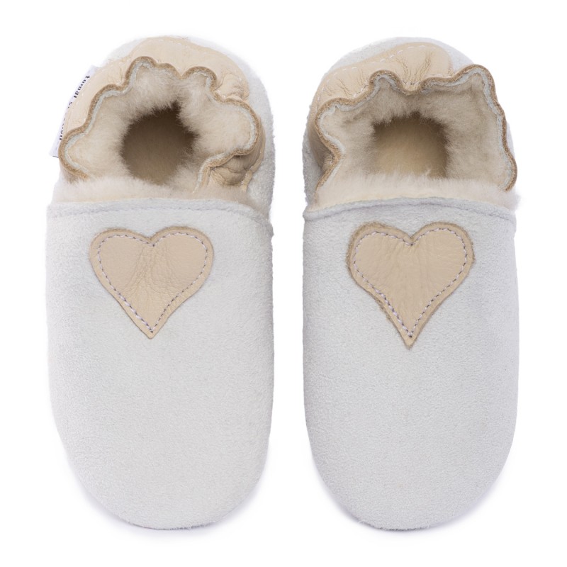 Chaussons cuir FOURRES Coeur fond crème, 100% Mouton, peau lainée