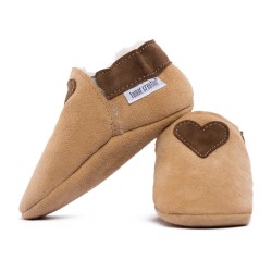 Chaussons cuir FOURRES Coeur marron fond Marron, 100% Mouton, peau lainée