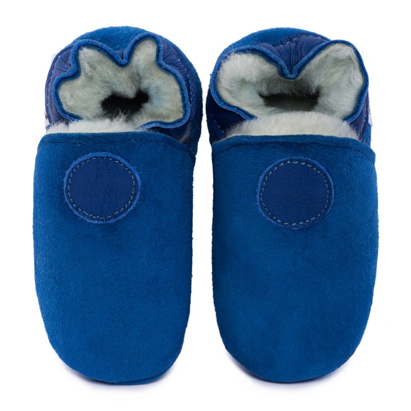 Chaussons cuir souple FOURRES Bleu adulte, femme, homme, enfant, bébé,  fille, garçon.