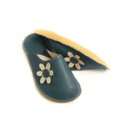 Chaussons cuir adulte Babs Bleu Fleurs