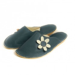 Chaussons cuir adulte Babs Bleu Fleurs