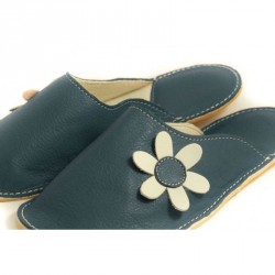 Chaussons cuir adulte Babs Bleu Fleurs