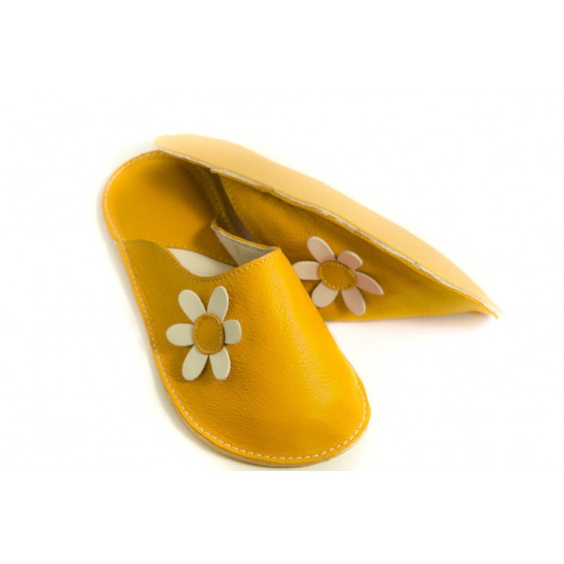 Chaussons cuir adulte Babs Jaune Fleurs