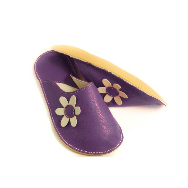 Chaussons cuir adulte Babs Violet Fleurs