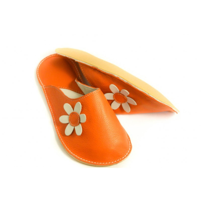 Chaussons cuir adulte Babs Orange Fleurs