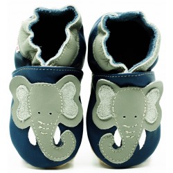 Chaussons cuir souple Carozoo - Dinosaure bleu