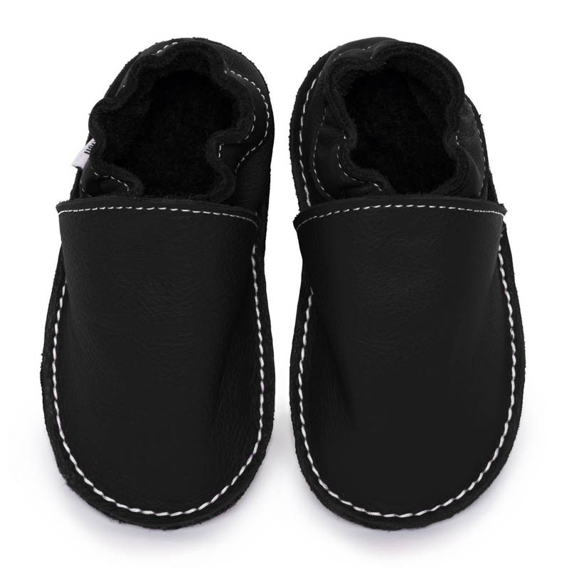 Chaussures cuir noires souples \\"P'tite Gomme\\", semelle caoutchouc bébé/enfant/adulte