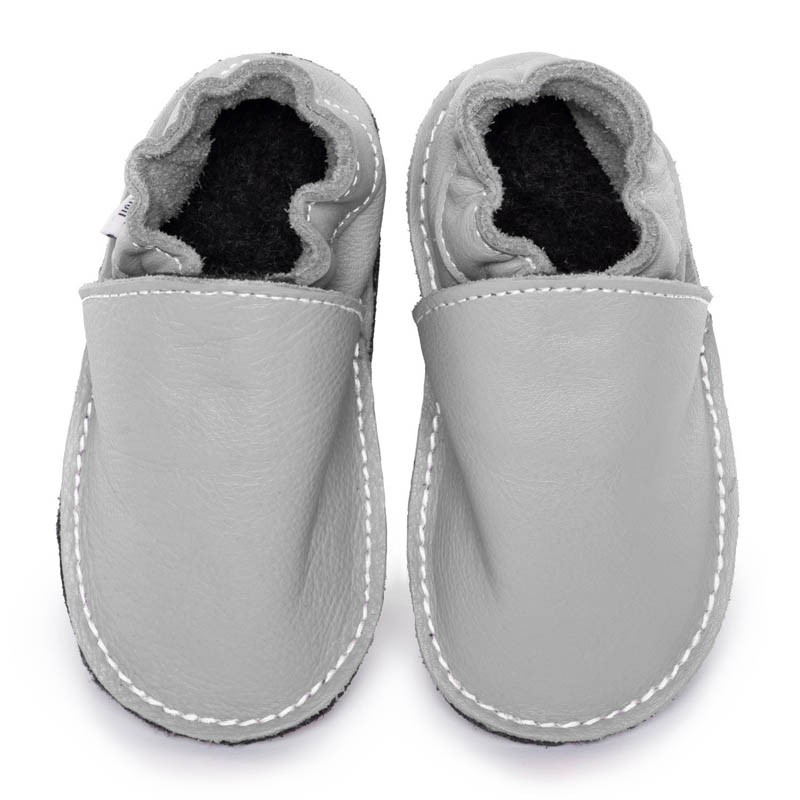 Chaussures cuir grises souples \\"P'tite Gomme\\", semelle caoutchouc bébé/enfant/adulte