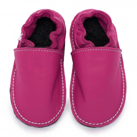 Chaussures cuir fushia souples "P'tite Gomme", semelle caoutchouc bébé/enfant/adulte
