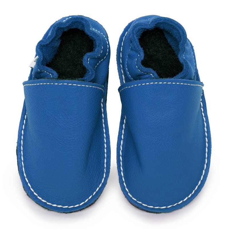 Chaussures cuir Bleues jeans souples \\"P'tite Gomme\\", semelle caoutchouc bébé/enfant/adulte