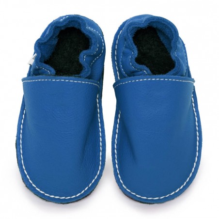 Chaussures cuir Bleues jeans souples "P'tite Gomme", semelle caoutchouc bébé/enfant/adulte