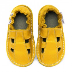 Chaussures cuir Jaune soleil souples \\"P'tite Gomme été\\", semelle caoutchouc